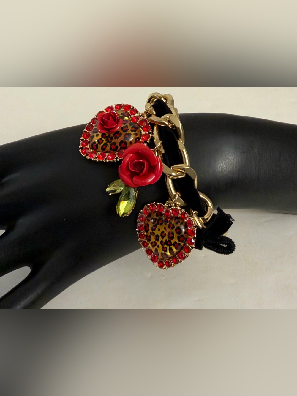 Betsey Johnson Gold-Tone Chain Bracelet with Red Roses & Leopard Heart Charms - Picture 15 of 16